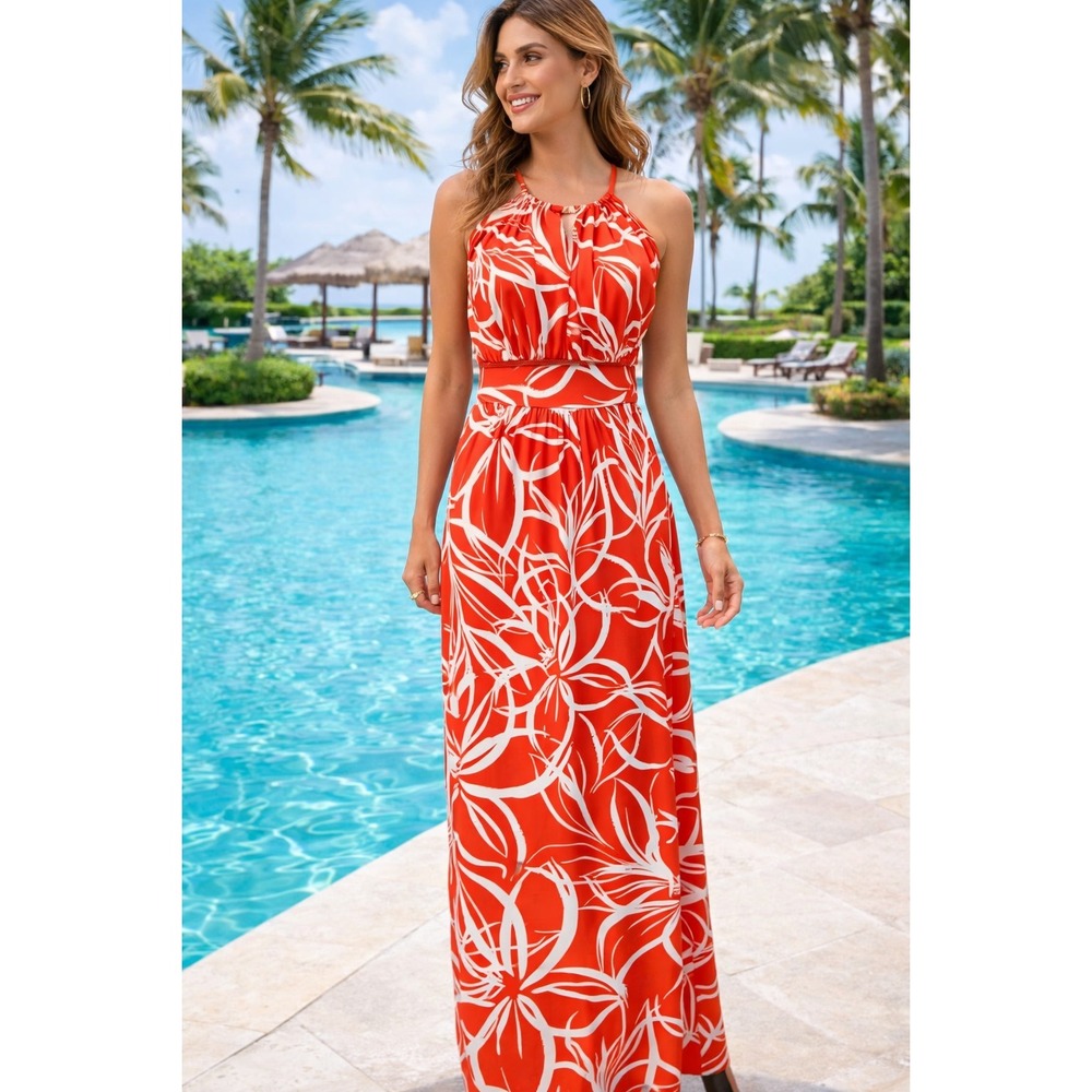 London Times Womens Floral  Maxi Dress Sz 12 Keyhole Halter Holiday Resort Vacay